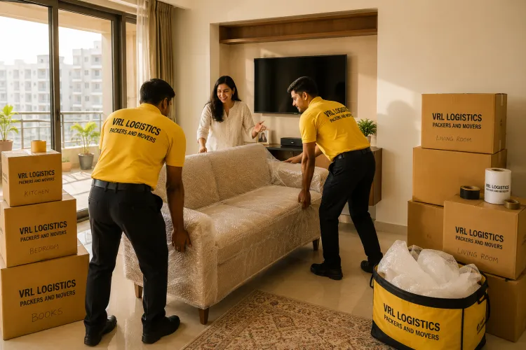VRL Logistics movers delivering and placing bubble-wrapped furniture at a new home in Ahmedabad