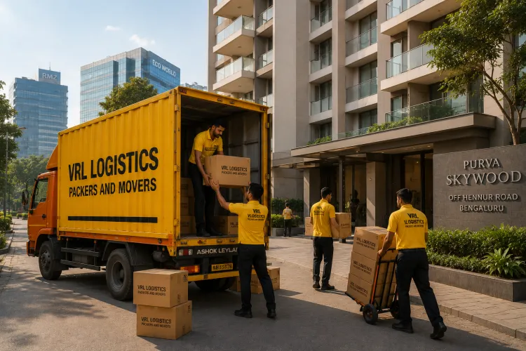 VRL Logistics Packers and Movers branded truck and team handling a relocation in Bengaluru