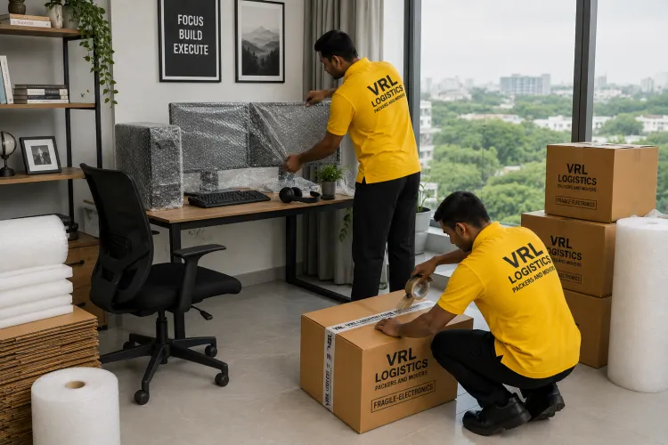 Movers wrapping furniture in bubble wrap and sealing branded VRL Logistics boxes during a home packing service in Bengaluru