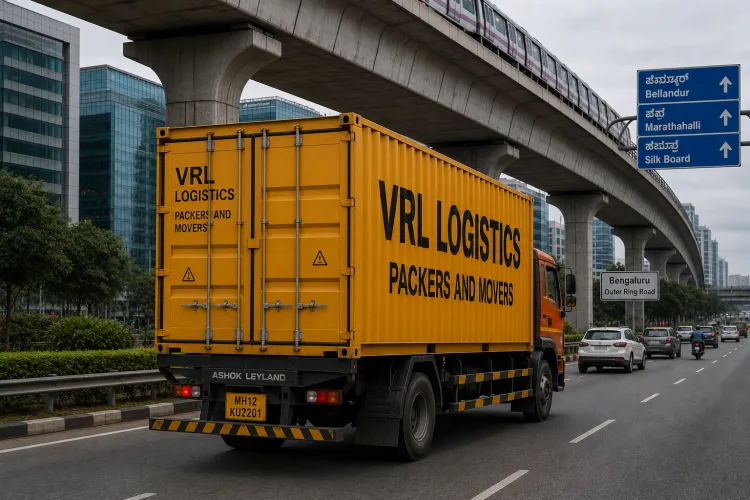 VRL Logistics Packers and Movers branded truck providing safe, GPS-tracked goods transport in Bengaluru