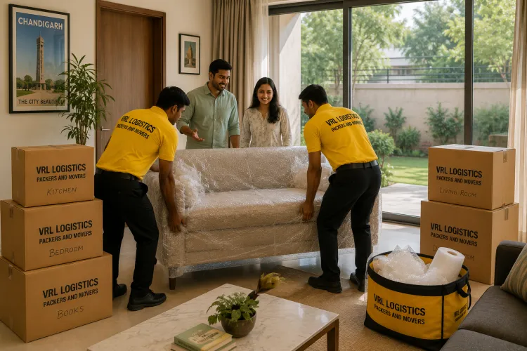 VRL Logistics movers delivering and placing bubble-wrapped furniture at a new home in Chandigarh