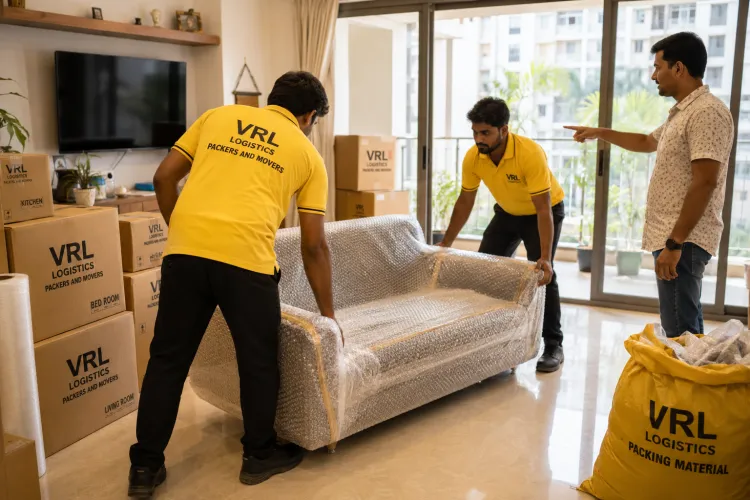 VRL Logistics movers delivering and placing bubble-wrapped furniture at a new home in Chennai