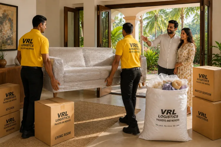 VRL Logistics movers delivering and placing bubble-wrapped furniture at a new home in Goa