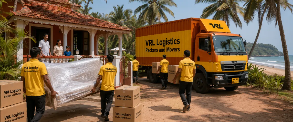 Packers and Movers in Goa — VRL Logistics team loading a branded moving truck for a household relocation