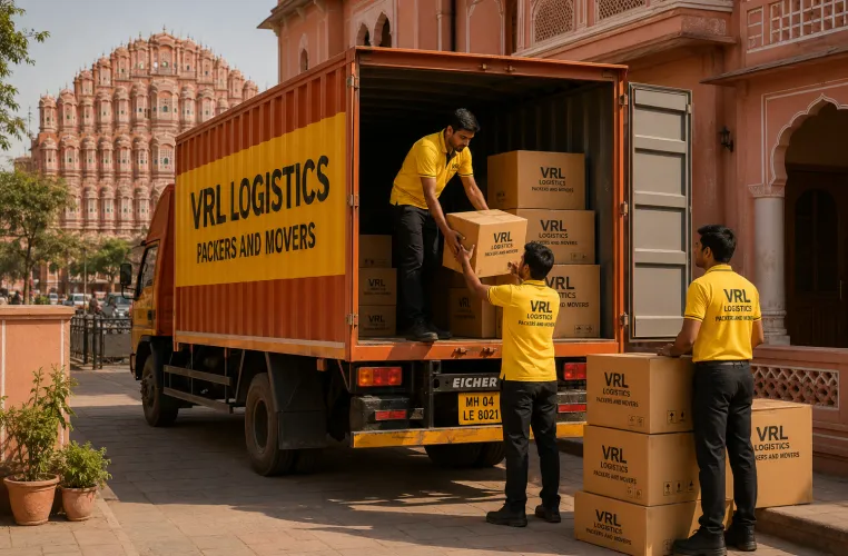 VRL Logistics Packers and Movers branded truck and team handling a relocation in Jaipur