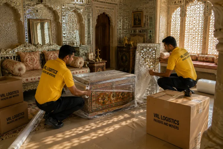 Movers wrapping furniture in bubble wrap and sealing branded VRL Logistics boxes during a home packing service in Jaipur