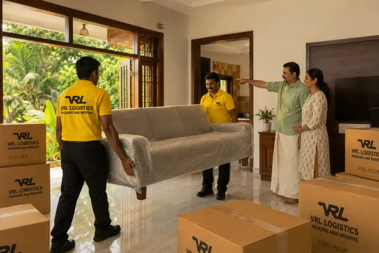 VRL Logistics movers delivering and placing bubble-wrapped furniture at a new home in Kerala