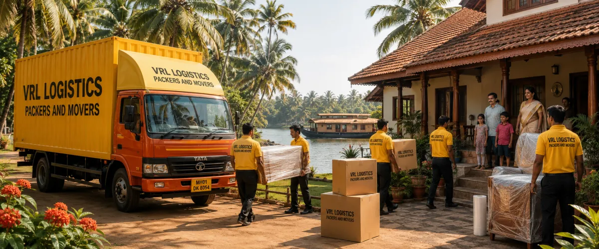 Packers and Movers in Kerala — VRL Logistics team loading a branded moving truck for a household relocation
