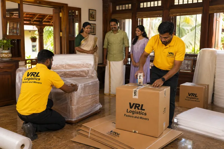 Movers wrapping furniture in bubble wrap and sealing branded VRL Logistics boxes during a home packing service in Kerala