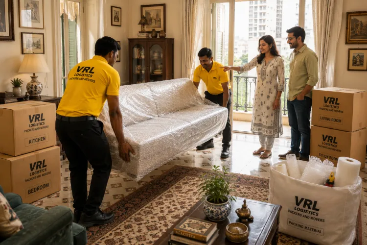VRL Logistics movers delivering and placing bubble-wrapped furniture at a new home in Kolkata