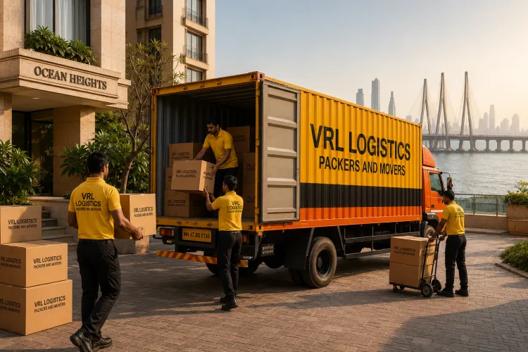 VRL Logistics Packers and Movers branded truck and team handling a relocation in Mumbai