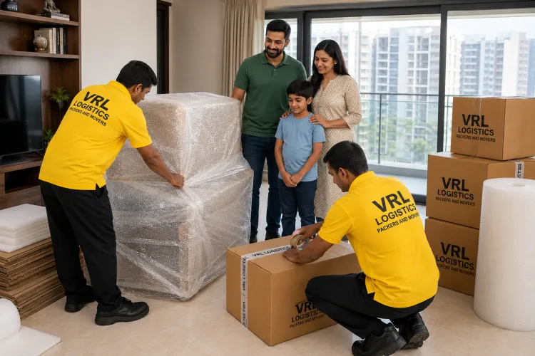 Movers wrapping furniture in bubble wrap and sealing branded VRL Logistics boxes during a home packing service in Pune