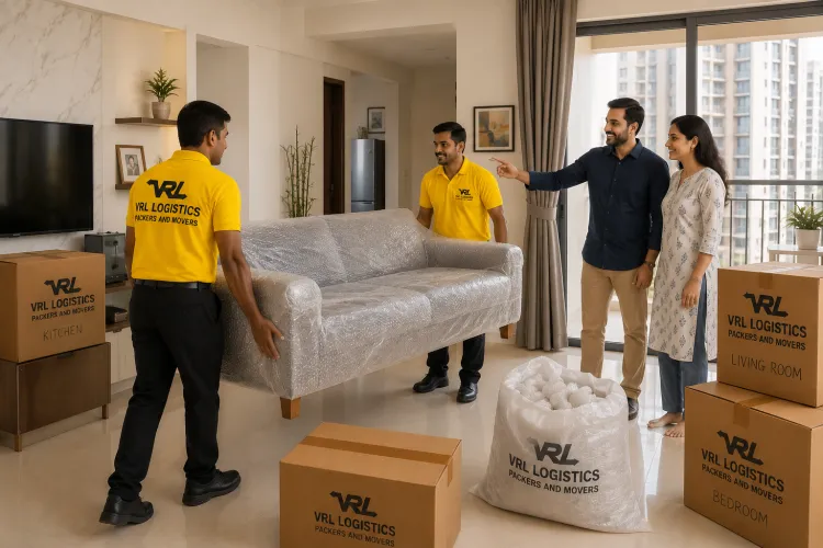VRL Logistics movers delivering and placing bubble-wrapped furniture at a new home in Surat