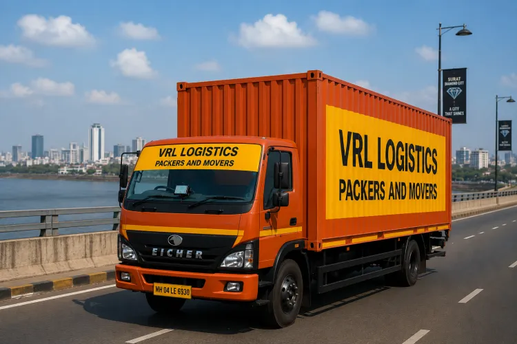 VRL Logistics Packers and Movers branded truck providing safe, GPS-tracked goods transport in Surat