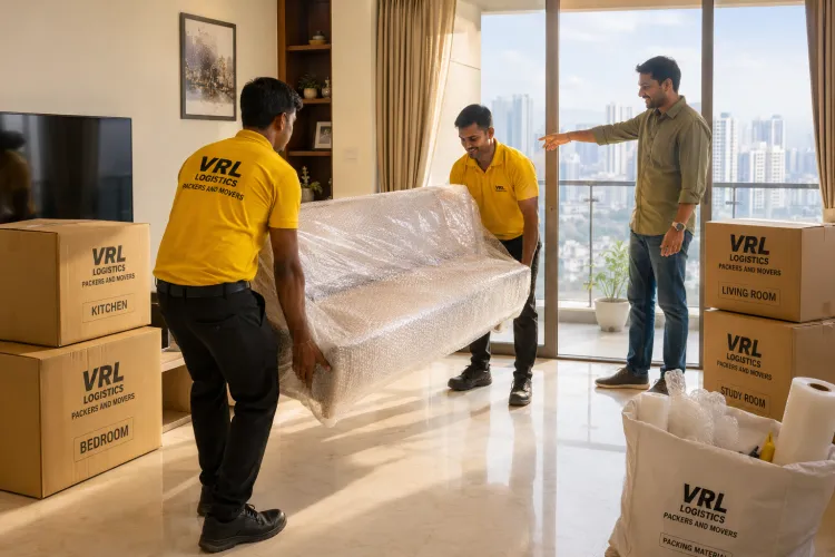 VRL Logistics movers delivering and placing bubble-wrapped furniture at a new home in Thane