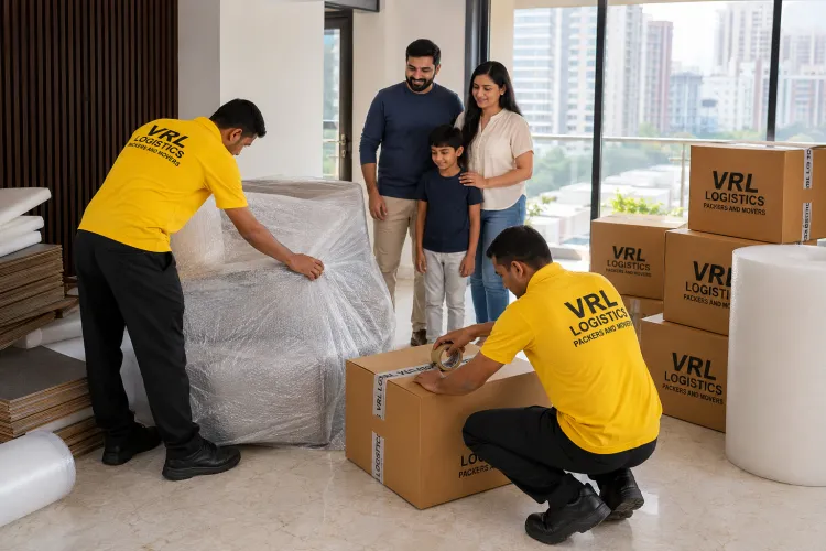 Movers wrapping furniture in bubble wrap and sealing branded VRL Logistics boxes during a home packing service in Thane