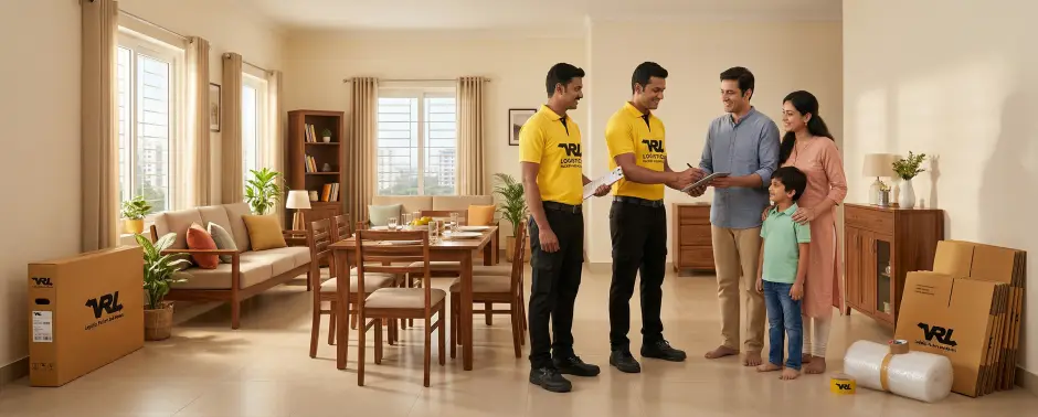 Final delivery handover at a new Indian home. Movers in clean yellow T-shirts with VRL Logistics Packers and Movers in bold black text, black trousers, black…