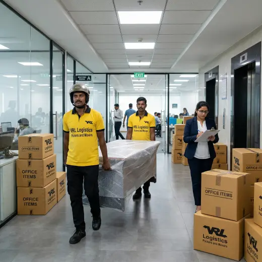 Indian movers in clean yellow T-shirts with VRL Logistics Packers and Movers in bold black text, black trousers, black safety shoes carrying a large bubble-w…