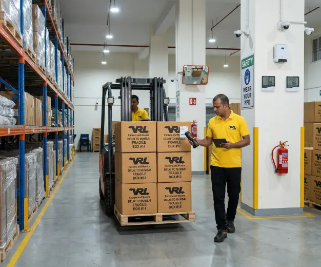 Inside a VRL Logistics warehouse. A forklift carries a pallet of branded boxes with VRL Logistics Packers and Movers in black text down a clean aisle. A work…