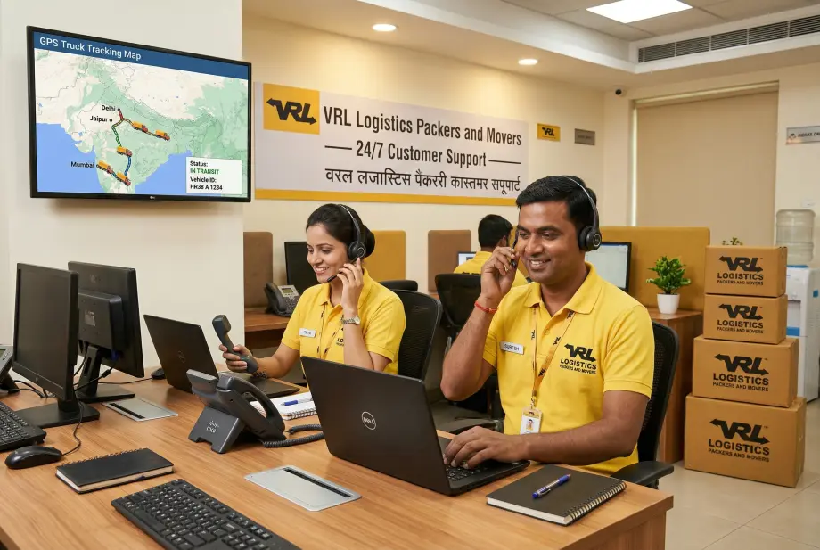 A clean VRL Logistics customer support desk in an Indian office. Two staff — one male, one female — in clean yellow T-shirts with VRL Logistics Packers a…