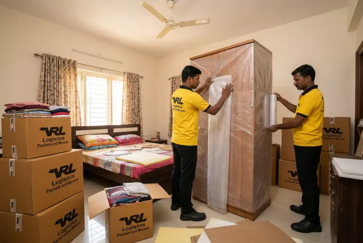 Professional packing service for household relocation by VRL Logistics — bubble wrap, foam padding, corrugated boxes