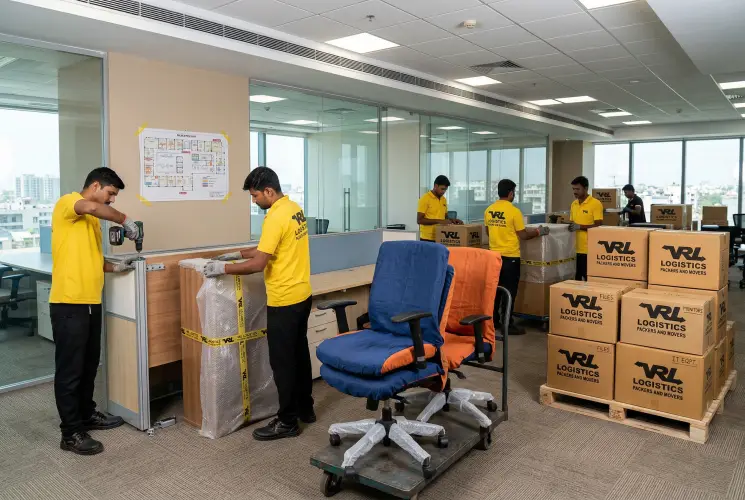 Office furniture shifting and systematic setup at new location by VRL Logistics corporate relocation team